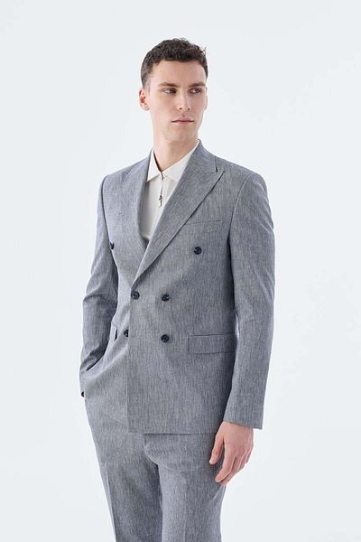Jakamen Navy Blue Slim Fit Linen Blended Double Breasted Suit
