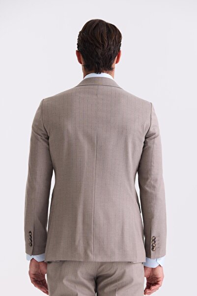 Jakamen Bej Slim Fit Sivri Yaka Çizgili Kruvaze Takım Elbise