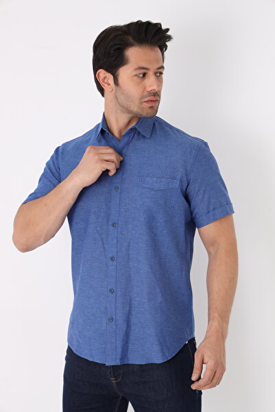 Cordial Чоловіча сорочка з суміші льону та бавовни, прямий крій, короткий рукав, одна кишеня
