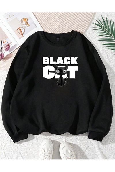 RPT MODA Oversized Black Cat Printed Detail Basic Sweatshirt with Crew Neck