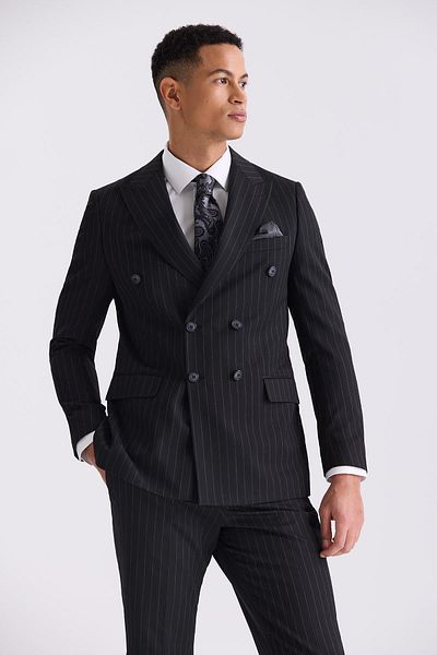 Jakamen Black Slim Fit Pointed Collar Striped Double Breasted Suit