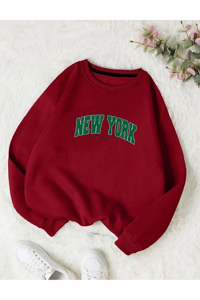RPT MODA Oversized Green Newyork Printed Detail Cycling Collar Basic Sweatshirt