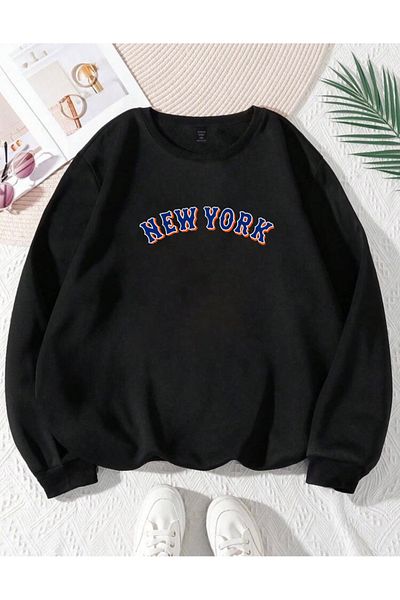 RPT MODA Oversized Blue Orange Newyork Print Detail Cycling Collar Basic Sweatshirt