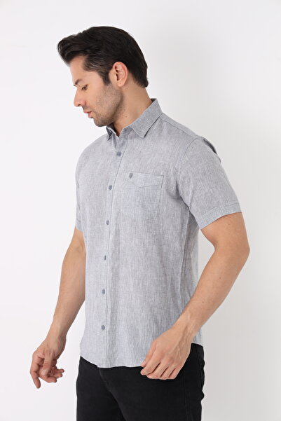 Cordial Чоловіча сорочка з суміші льону та бавовни, прямий крій, короткий рукав, одна кишеня