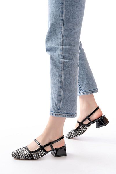 İnfon Ayakkabı Marketi Heeled Shoes 720 Black Patterned Open Back Daily Women's Sandals