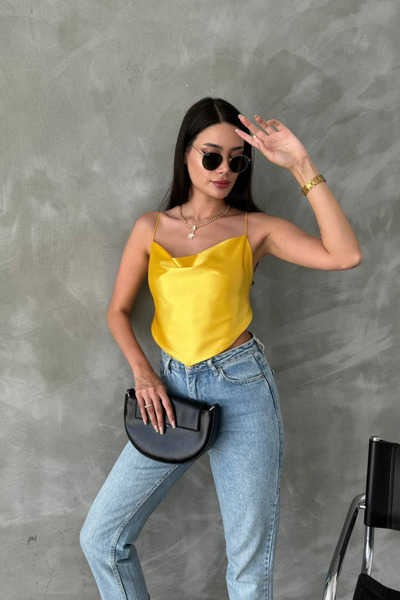 oshebu Yellow – Women's Asymmetrical Cut Back Tie Detail Blouse