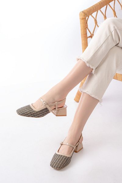 İNFON İnfon 720 Beige Patterned Open Back Daily Women's Sandals
