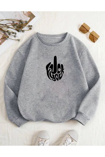 RPT MODA Oversized Fck You Printed Detail Basic Sweatshirt with Crew Neck