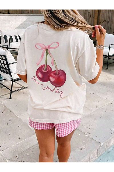 PENTHİLUS Women's Summer Round Neck Letter Cherry Printed Holiday T-Shirt