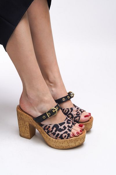 Riccon Γυναικείες Παντόφλες Ψηλοτάκουνες - Leopard Motif Steel 0012840