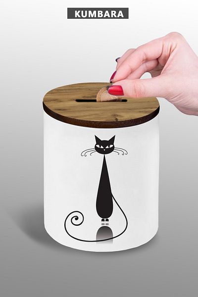 bymat Small Size Ceramic Piggy Bank - 9 cm Drawing Vector Cat Design Tabletop Piggy Bank