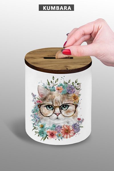 yhfoto Κουμπαράς Flower and Cat Design Μικρού μεγέθους Κεραμικό Επιτραπέζιο 9 cm