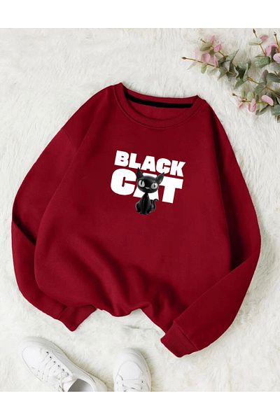 RPT MODA Oversized Black Cat Printed Detail Basic Sweatshirt with Crew Neck