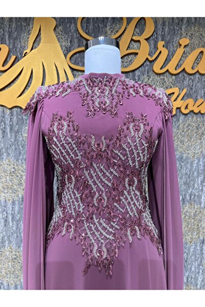 MODA Gül Kurusu Renkte Beyaz Taş Detaylı Pelerinli Tesettür Abiye