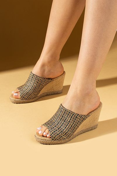 Pembe Potin New Season Women's Black Straw Comfortable Wedge Sole Stylish Daily Sandals