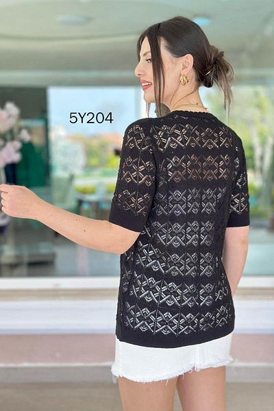 İnce Topuk Openwork V-Neck Mercerized Blouse 5Y204