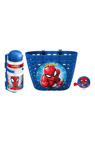 SPIDERMAN Set of three accessories for children's bicycle, basket, bell and water bottle, multicolor, Spiderman