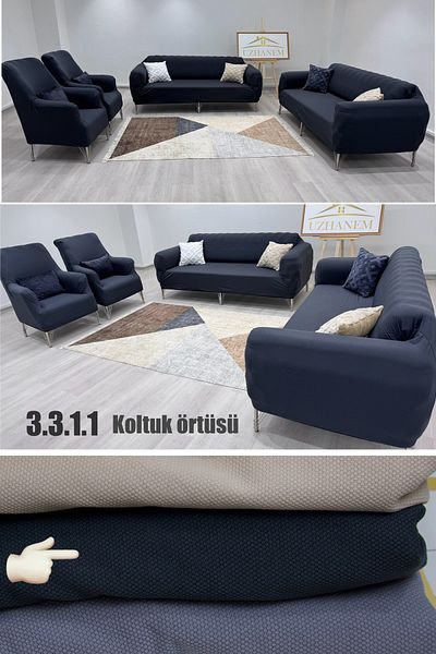 uzhanem Anthracite Sofa Cover and Honeycomb Pattern Sofa Cover Set - 3.3.1.1