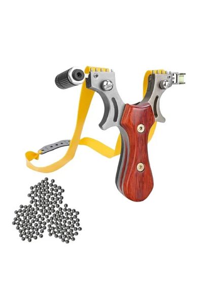 Depox Set Sling Queen cu sireturi, metal, 11,5 cm, cu boloboc, maner din lemn, maro si 300 bile de 10 m