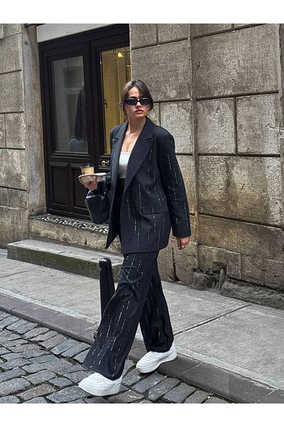 Bak'ap Pantaloni cu broderie cu piatră strălucitoare de design - Blazer cu strasuri Costum din două piese din bumbac