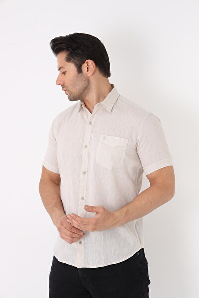 Cordial Чоловіча сорочка з суміші льону та бавовни, прямий крій, короткий рукав, одна кишеня