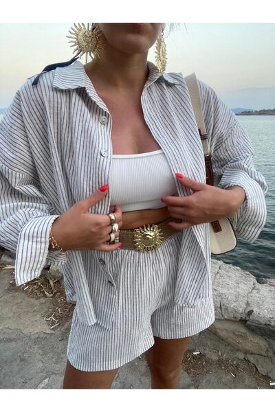 LOKADI Costum Perry cu dungi pentru damă, cu pantaloni scurți cu curea