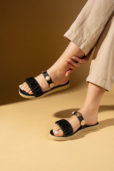 Pembe Potin New Season Black Comfortable Light Sole Daily Buckle Wedge Heel Slippers Sandals