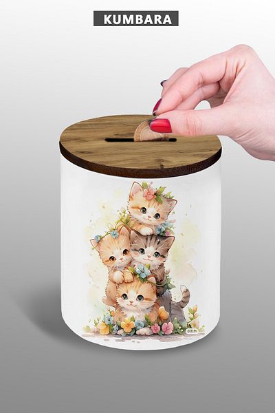 yhfoto Small Size 9 cm Ceramic Piggy Bank with Cats Design on Table with Merchant