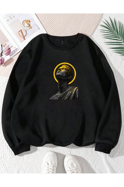 RPT MODA Oversized Yellow Plan Printed Detail Cycling Collar Basic Sweatshirt