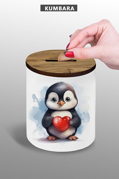 bymat Heart Penguin Visual Piggy Bank - Small Size Tabletop Piggy Bank - 9 cm Ceramic Piggy Bank