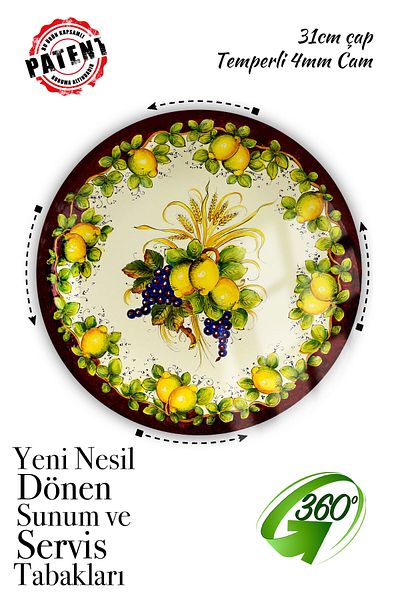 Sunum360 Italian Lemon Patterned Luxury Serving Presentation Plate with Rotating Stand, Rotating Cake and Cheese Plate Stand