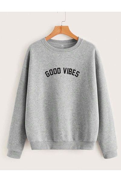 RPT MODA Oversized Goodvibes Printed Detail Cycling Collar Basic Sweatshirt
