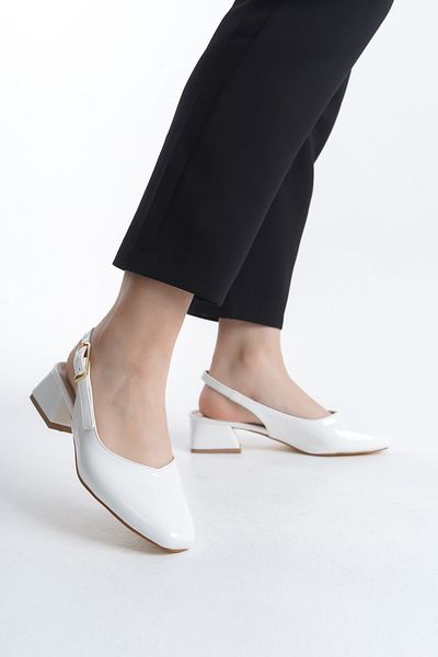 kapretta Women's White Patent Leather Back Open Side Buckle Detail Blunt Toe Low Shoes