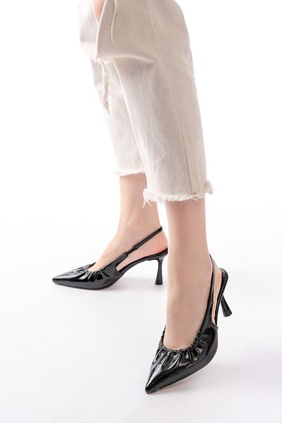 Moda Asmira Inf-40451 Black Crinkled Patent Leather Daily Open Back Heeled Shoes