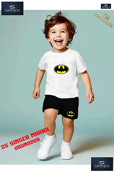 SS SİNSER Çocuk BATMAN LOGO Özel Baskılı Bisiklet Yaka Tişört - Şort Takım
