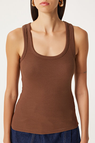 Lovelyİstanbul 2-Piece Ribbed Thick Strap Knitted Tank Top Brown Cream Lhj0002
