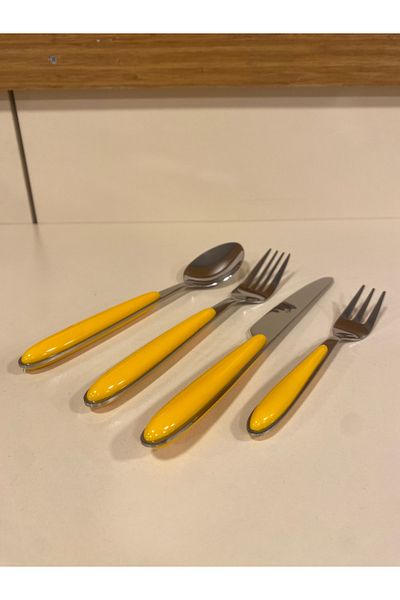 PLUS HOME 24 Piece Steel Yellow Handle Spoon Fork Set