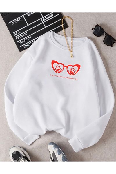RPT MODA OVERSIZED FLARED GLASSES PRINT DETAIL BICYCLE COLLAR BASICS SWEATSHIRT