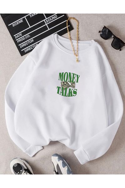 RPT MODA OVERSIZED MONEY TALKS PRINTED BICYCLE COLLAR BASIC SWEATSHIRT