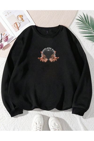 RPT MODA Oversized Hand World Printed Detailed Crewneck Basic Sweatshirt