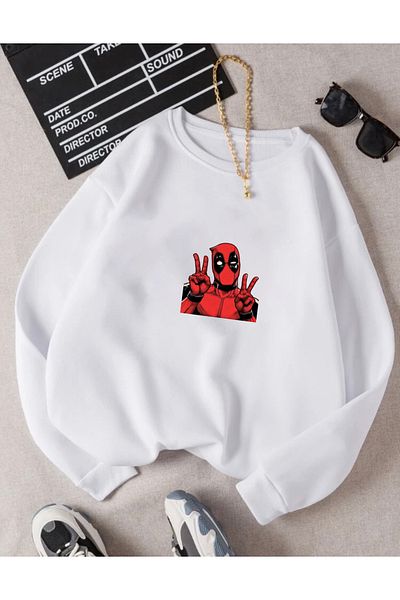 RPT MODA Oversized Dedpool Printed Detail Basic Sweatshirt with Crew Neck