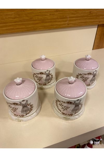 PLUS HOME Spice Set 4 Pieces Porcelain Mini Size Red Lid