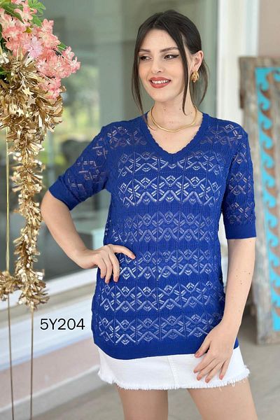 İnce Topuk Openwork V-Neck Mercerized Blouse 5Y204