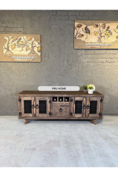 FIRU HOME 162 Cm Rustik Masif Çam Tv Ünitesi Açık Ceviz Renkli, Şişelikli, Ah...