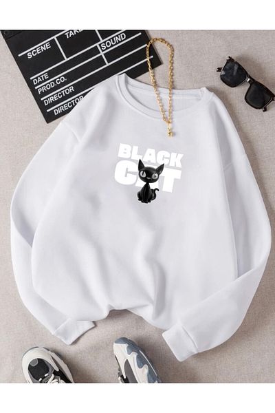 RPT MODA Oversized Black Cat Printed Detail Basic Sweatshirt with Crew Neck