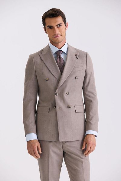 Jakamen Beige Slim Fit Pointed Neck Striped Double Breasted Suit