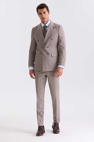 Jakamen Beige Slim Fit Pointed Neck Striped Double Breasted Suit