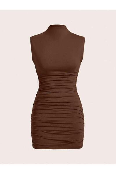DİDVAKE Kadın Kahverengi Drapeli Büzgülü Astarlı Mini Elbise