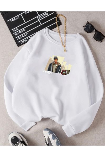 RPT MODA Oversized Emi̇nem Printed Detailled Crewneck Basic Sweatshirt