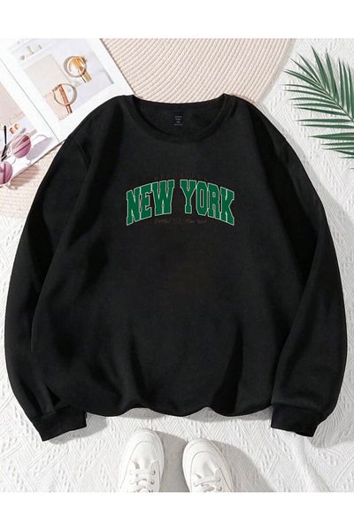 RPT MODA Oversized Green Newyork Printed Detail Cycling Collar Basic Sweatshirt